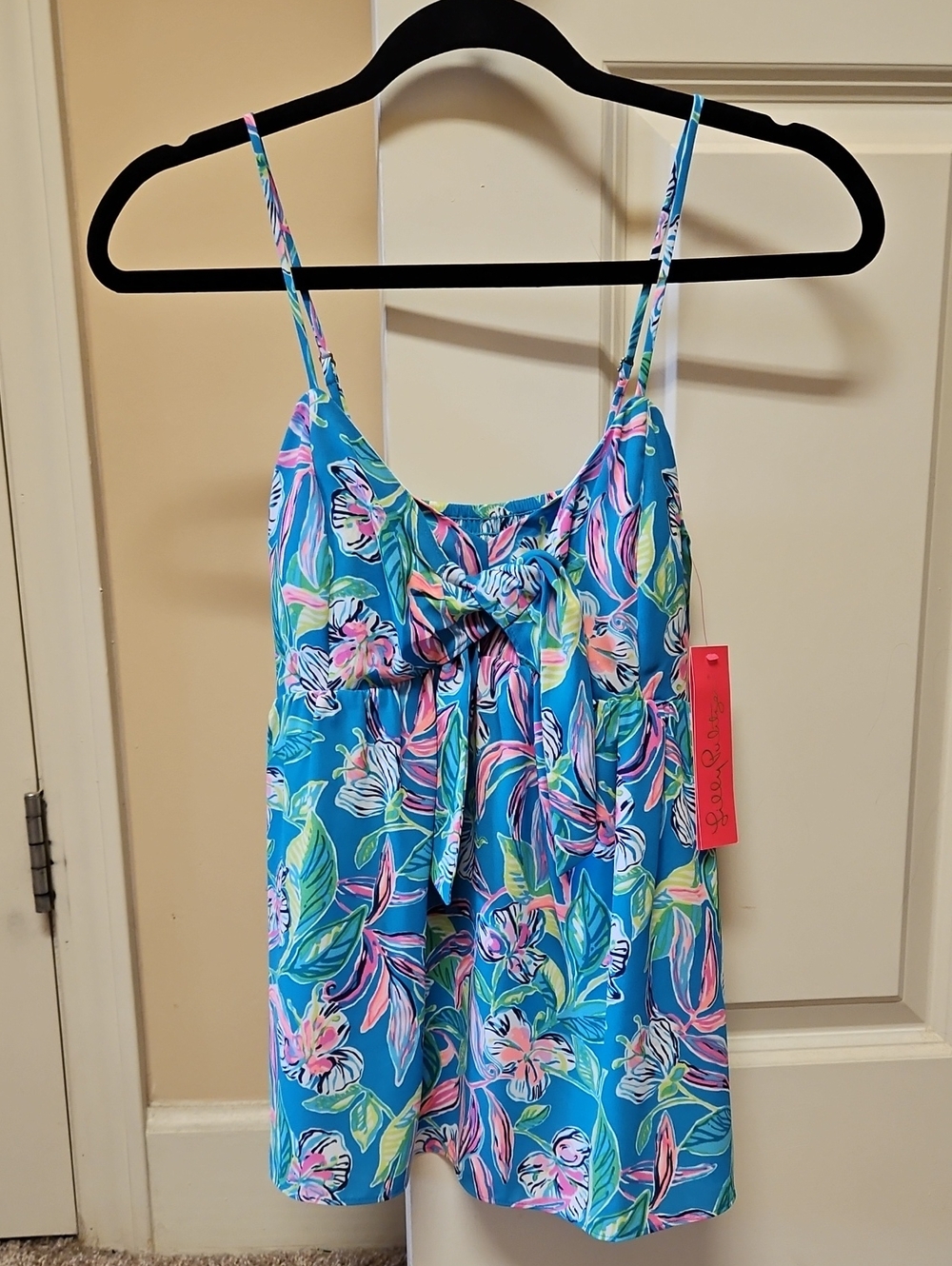 Blue Lilly Pulitzer Keep On Beleafing Spaghetti Strap Tank with Tie Front